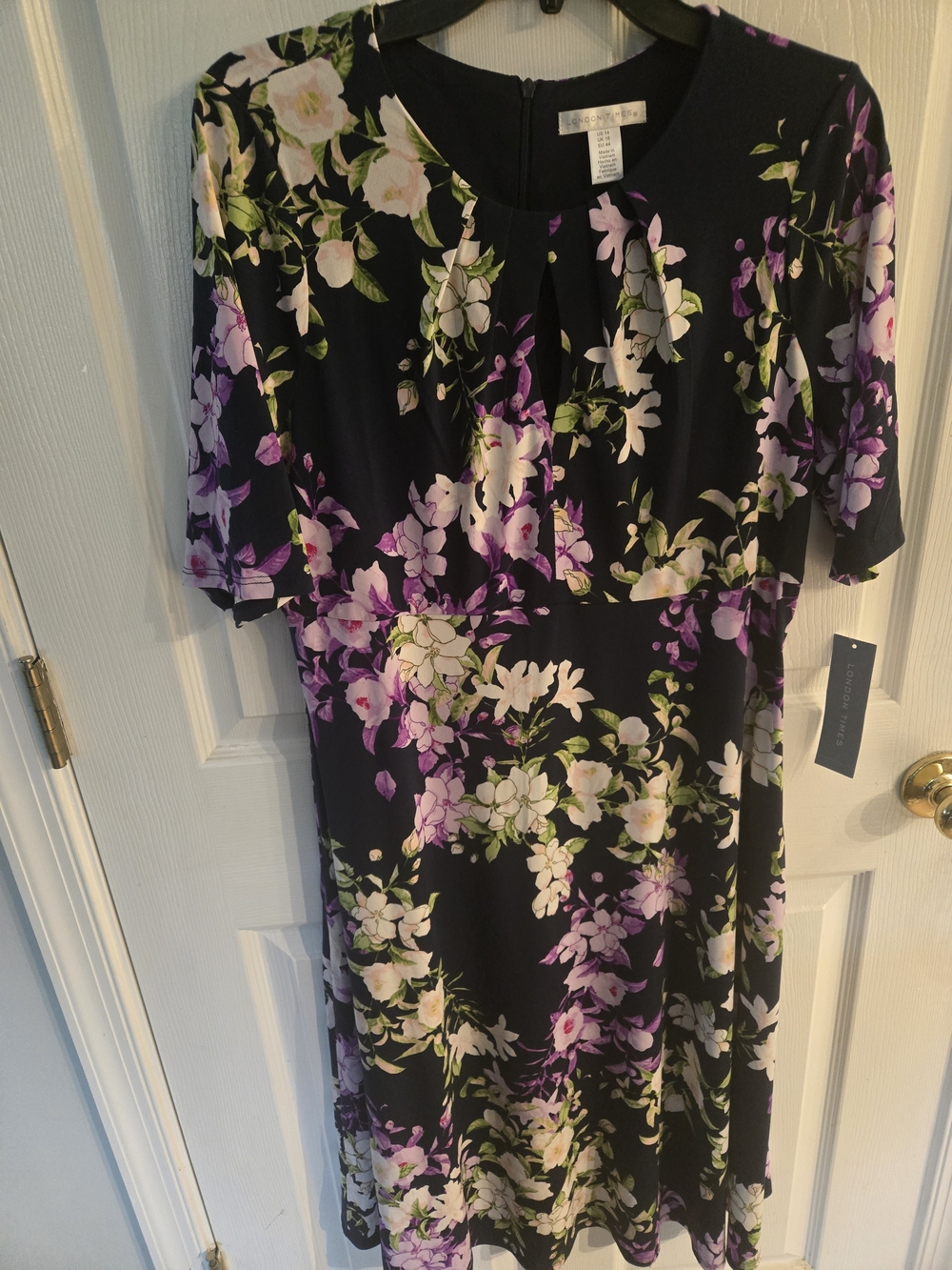 London Times Womens 14 Navy Floral Midi Dress with Purple & White Blooms